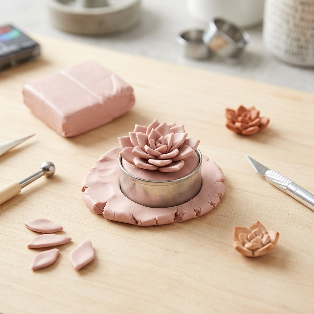 "lifestyle close-up: FIMO Professional Dusty Pink clay being used in making a small, realistic succulent with natural light, alongside modeling tools and wood ring."