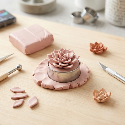 "lifestyle close-up: FIMO Professional Dusty Pink clay being used in making a small, realistic succulent with natural light, alongside modeling tools and wood ring."