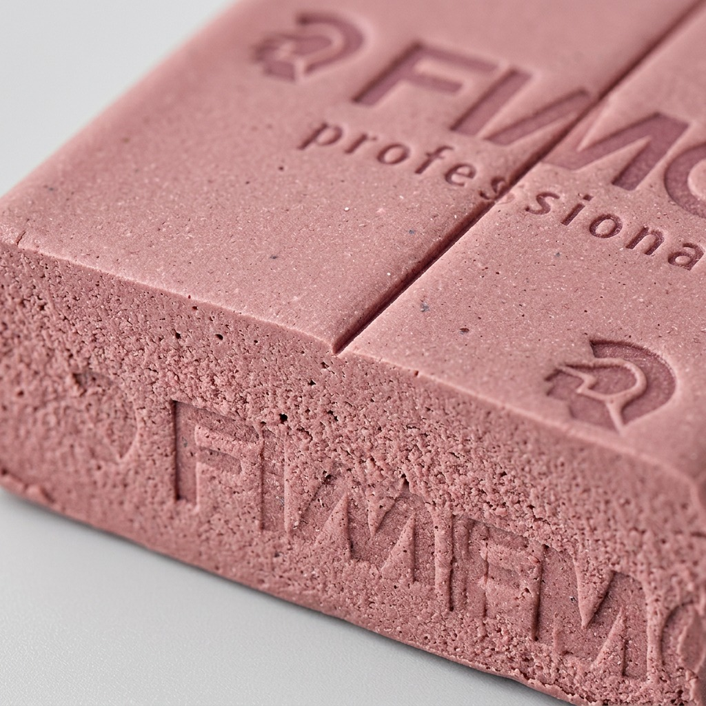 A detailed macro shot showing the fine grain and embossed text on a dusty pink Fimo professional clay block.