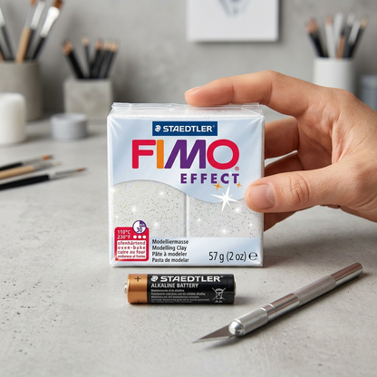 A photograph of the STAEDTLER FIMO Effect glitter white modeling clay package is placed directly next to a standard AA battery for scale.