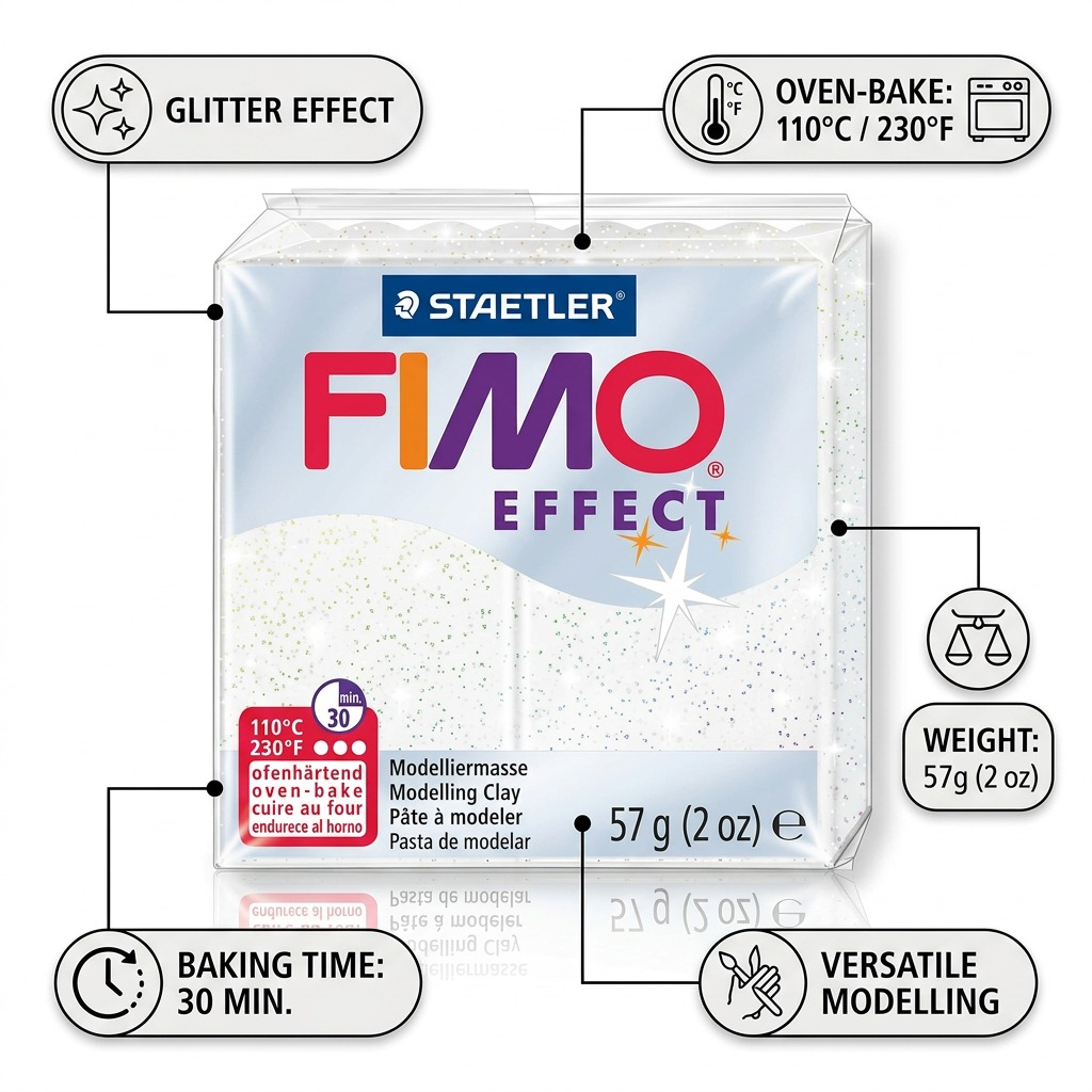 Feature matrix for Fimo Effect White Glitter, showing glitter effect, oven-bake, and more.