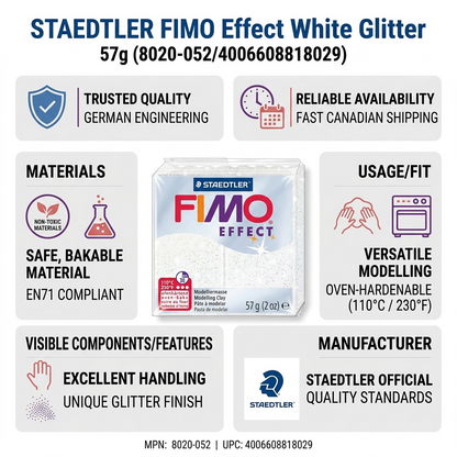 An infographic for STAEDTLER FIMO Effect White Glitter clay, featuring product facts, trust icons, and shipping info.
