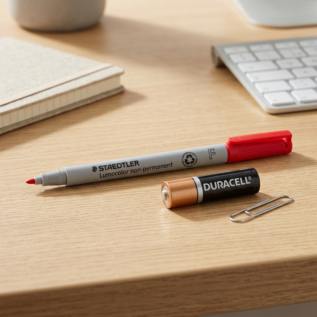 A Staedtler Lumocolor Permanent marker shown to scale, resting horizontally on a desk next to a standard AA battery.