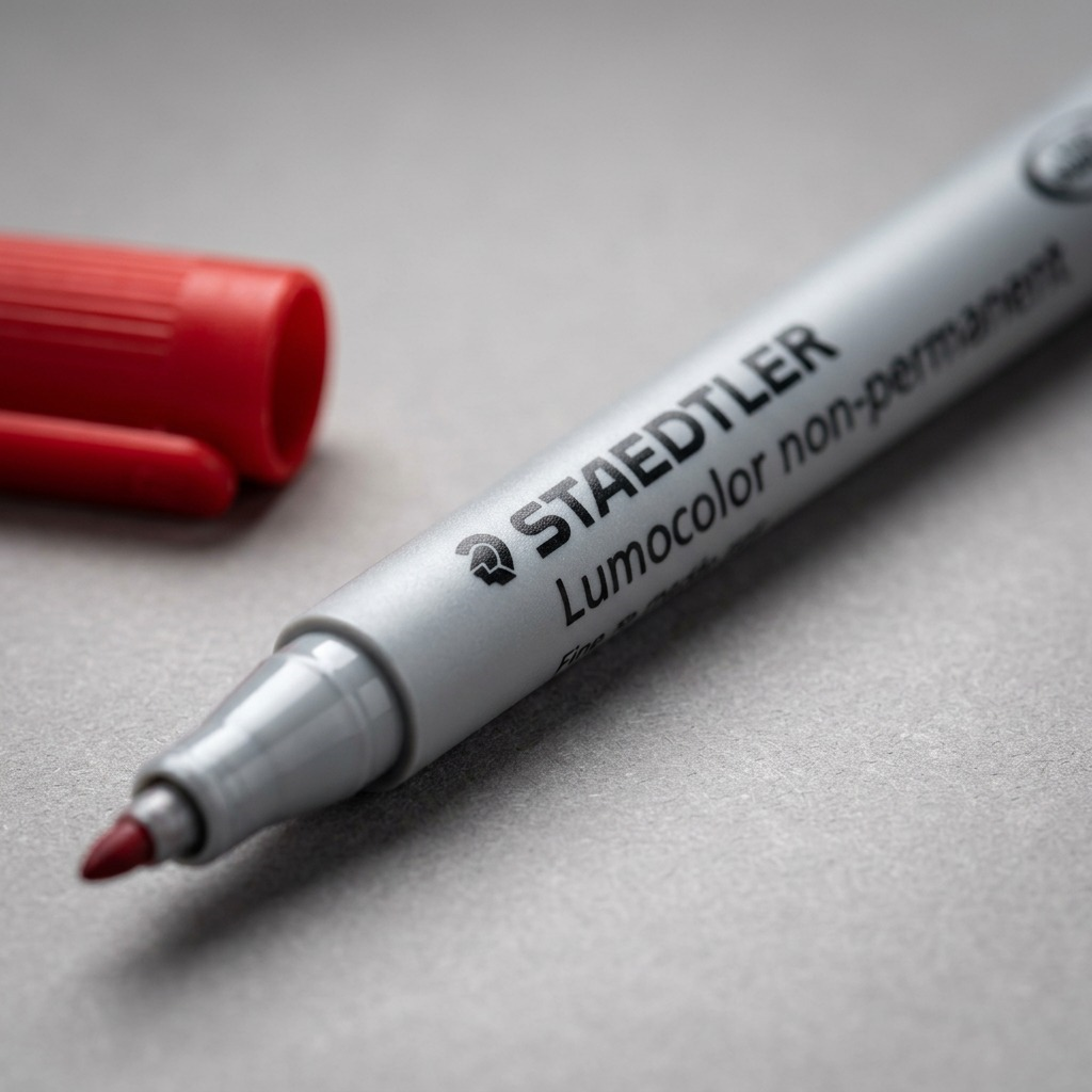 Macro view of the STAEDTLER Lumocolor fine marker text and tip, showing precise branding and quality.