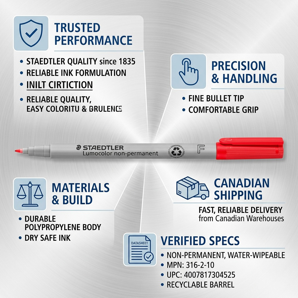 A trust and authority infographic featuring the STAEDTLER Lumocolor 316-2 non-permanent marker with fact-based icons.