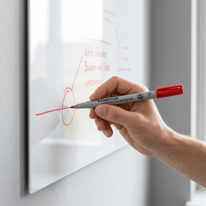 Close-up photo of the STAEDTLER Lumocolor non-permanent red fine-tip marker being used to write on a white dry-erase board.