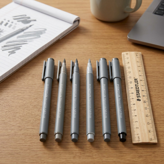 STAEDTLER grey soft brush pens with ruler on wood desk for scale.