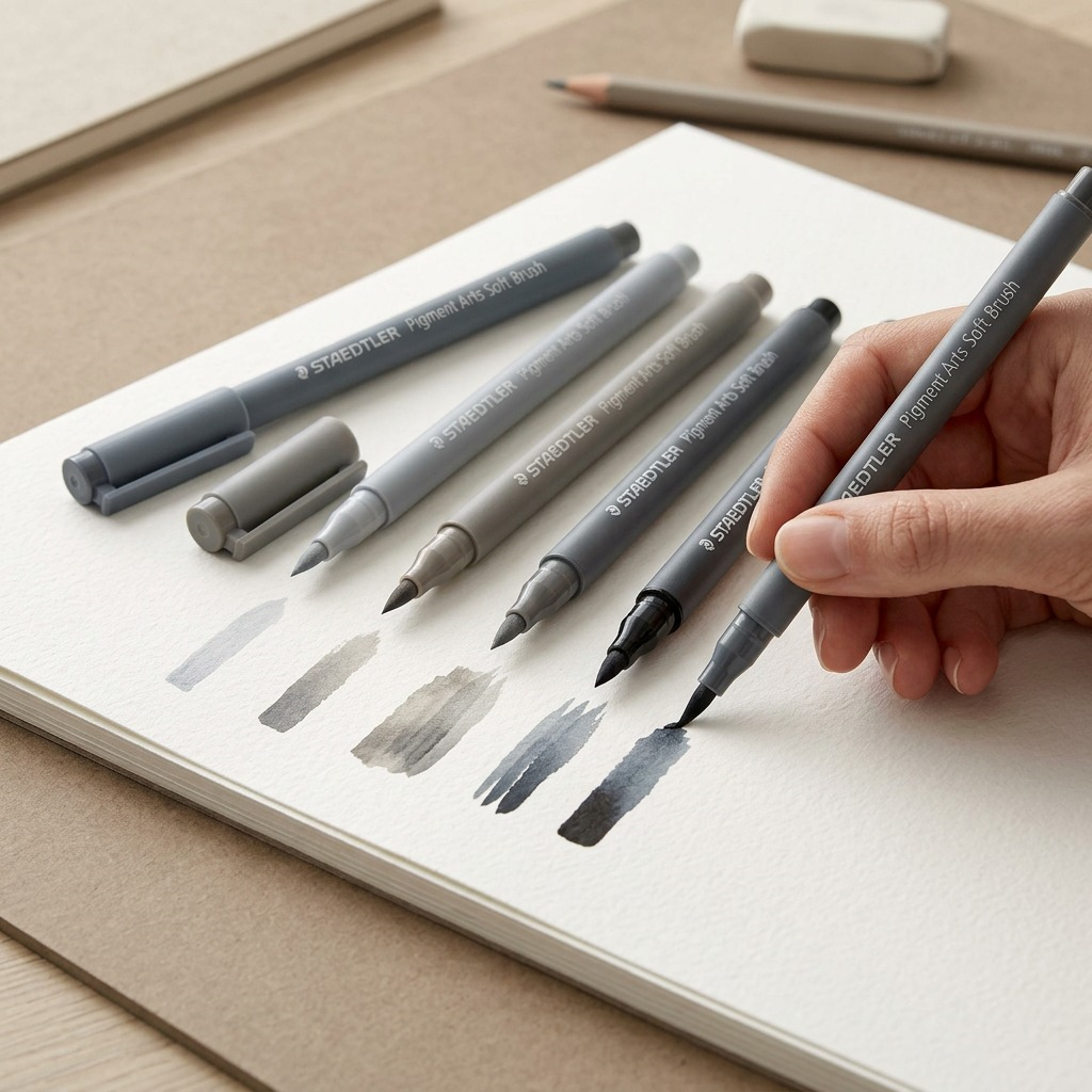 A photorealistic close-up of the grey-toned STAEDTLER Pigment Arts Soft Brush pens on a textured paper pad.