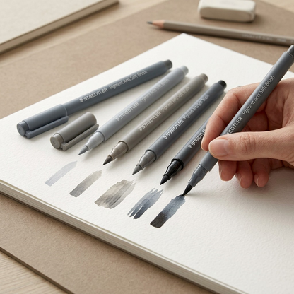 A photorealistic close-up of the grey-toned STAEDTLER Pigment Arts Soft Brush pens on a textured paper pad.