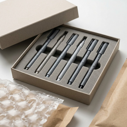 Unboxing a set of STAEDTLER Pigment Arts Soft Brush grey-scale markers from protective packaging.