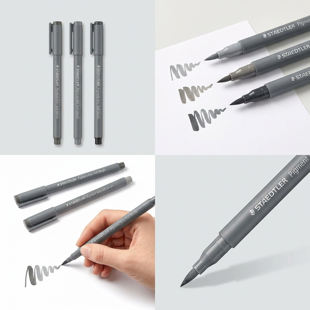 Four-quadrant matrix showing multiple views and a close-up of STAEDTLER Grey Pigment Arts Soft Brushes.