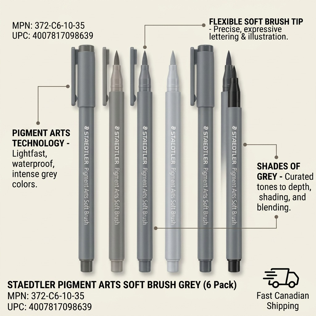 STAEDTLER Pigment Arts Soft Brush 6 Grey Pack. MPN: 372-C6-10-35. The graphic highlights the Pigment Arts Technology (lightfast, waterproof, intense grey colors), a flexible soft brush tip for precise, expressive lettering and illustration, and curated shades of grey perfect for depth, shading, and blending. Includes a fast Canadian shipping icon.
