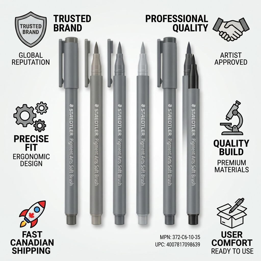 STAEDTLER Pigment Arts Grey Brush Markers infographic showcasing trust and manufacturing details.
