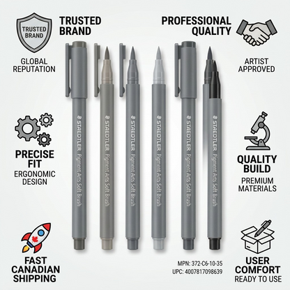 STAEDTLER Pigment Arts Grey Brush Markers infographic showcasing trust and manufacturing details.