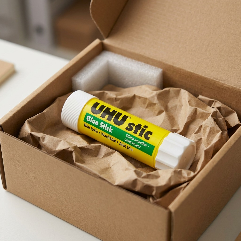 A detailed photo captures an individual UHU Glue Stick being meticulously unboxed from a bed of protective paper void-fill. The product details are sharp and accurate, showcasing a pristine delivery experience.