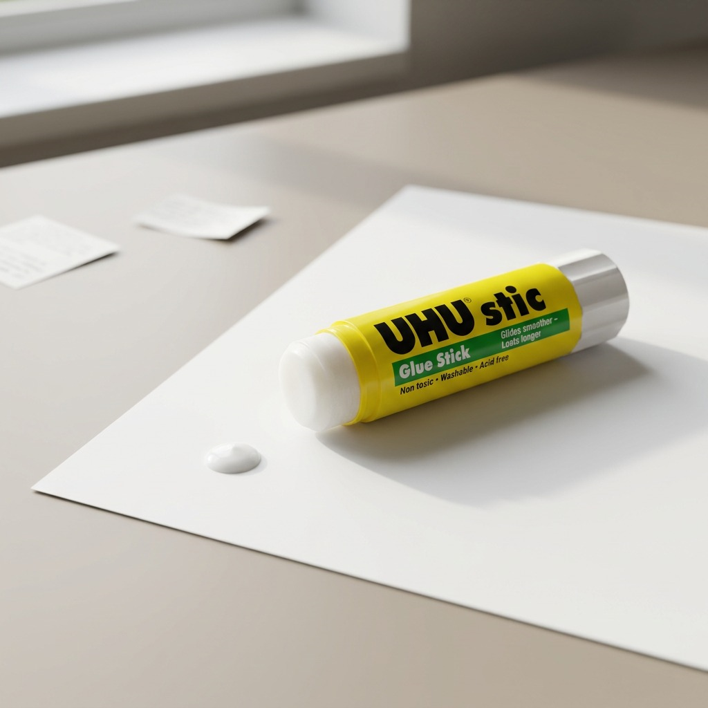 A macro photo of an open UHU stic glue stick, as shown in image_0.png, resting on a white mat board. One end of the white cap is pushed on to the other end. The white glue is extended, creating a visible dot of glue on paper. Natural light.