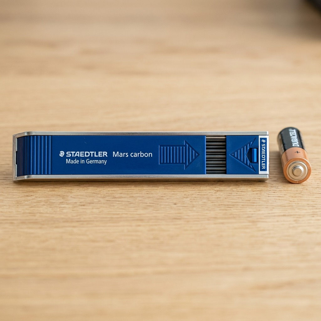 An image showing the STAEDTLER Mars Carbon lead dispenser placed next to a standard AA battery for scale reference.
