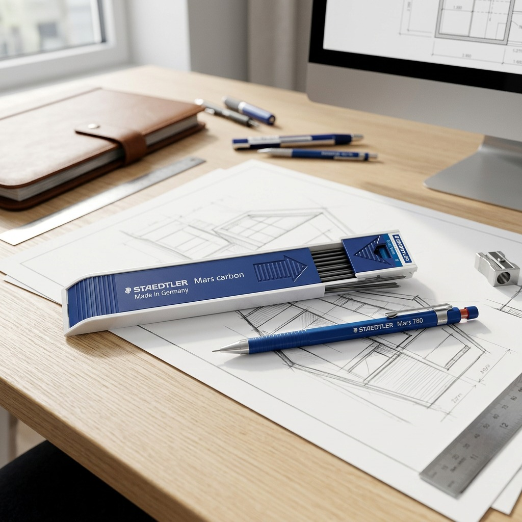 A photo of the Staedtler Mars plastic case, filled with 2mm pencil leads, lying open on a wooden desk alongside sketches and a drafting pencil.
