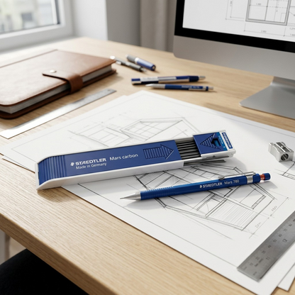 A photo of the Staedtler Mars plastic case, filled with 2mm pencil leads, lying open on a wooden desk alongside sketches and a drafting pencil.