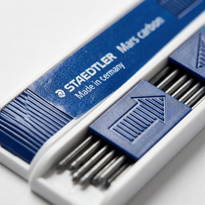 Macro close-up photo of the STAEDTLER Mars carbon lead container's text and ribbed dispenser edge.