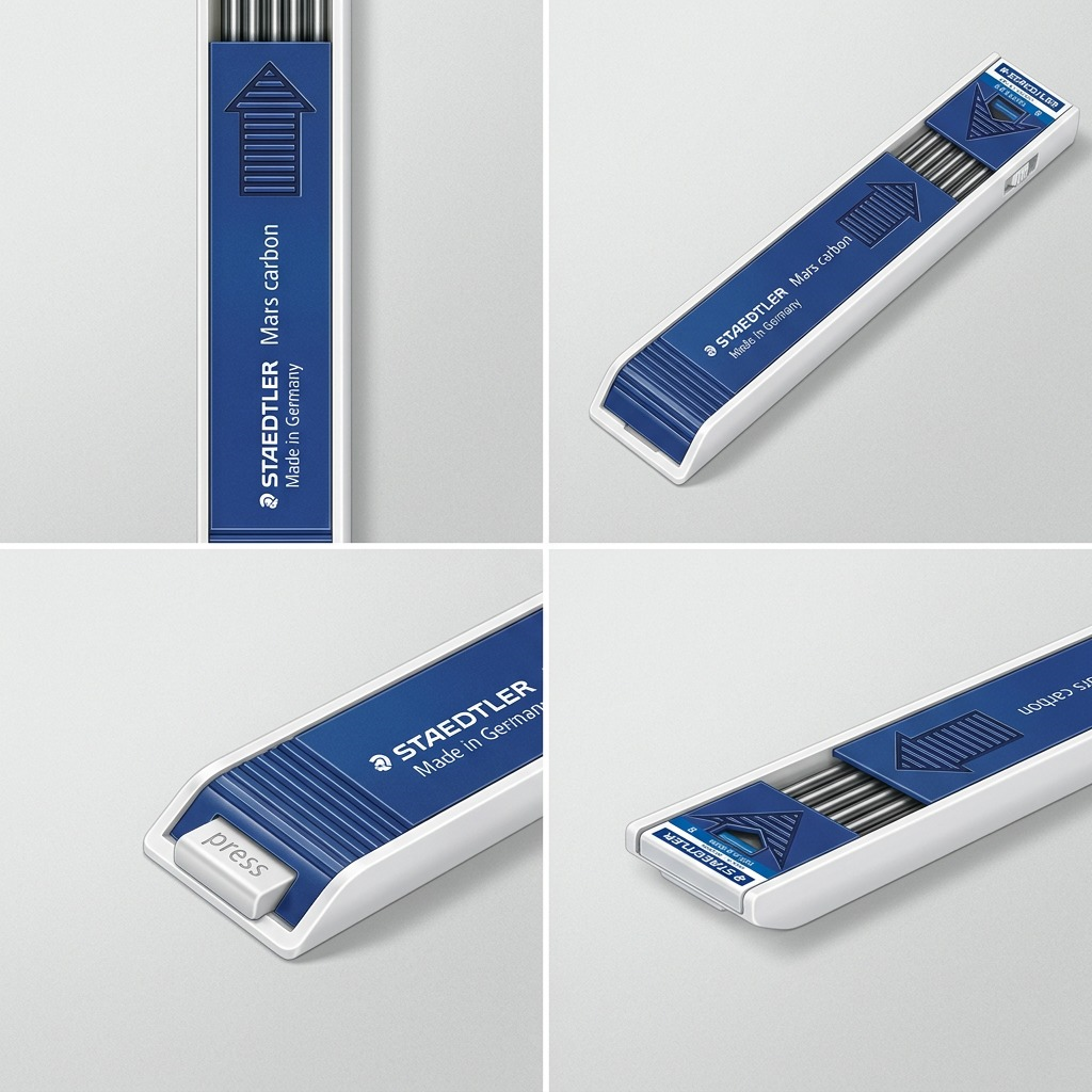 Matrix display of four Staedtler Mars Carbon 2mm lead refill packs from various angles.