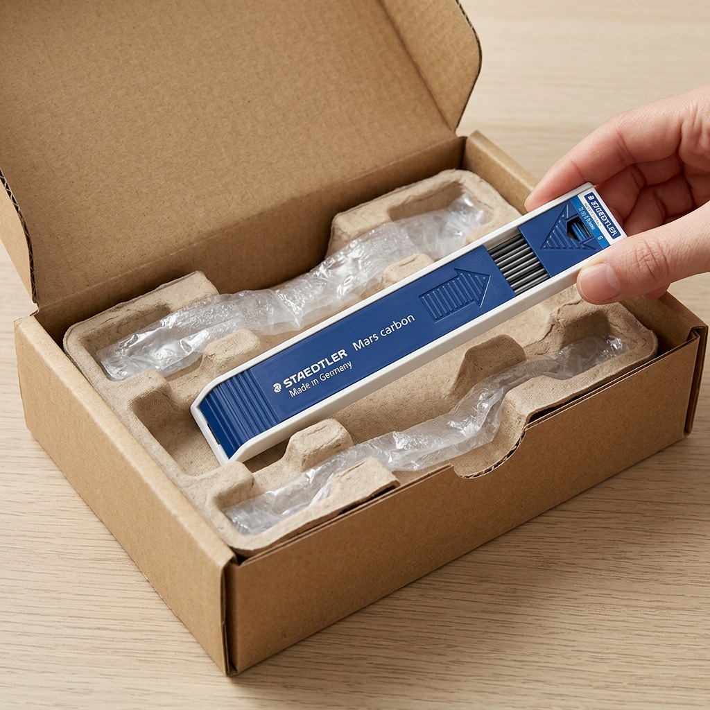 Premium close-up, a hand unboxing Staedtler 200-B-03 Mars Carbon leads from a robust corrugated cardboard box with supportive inserts, conveying secure delivery.