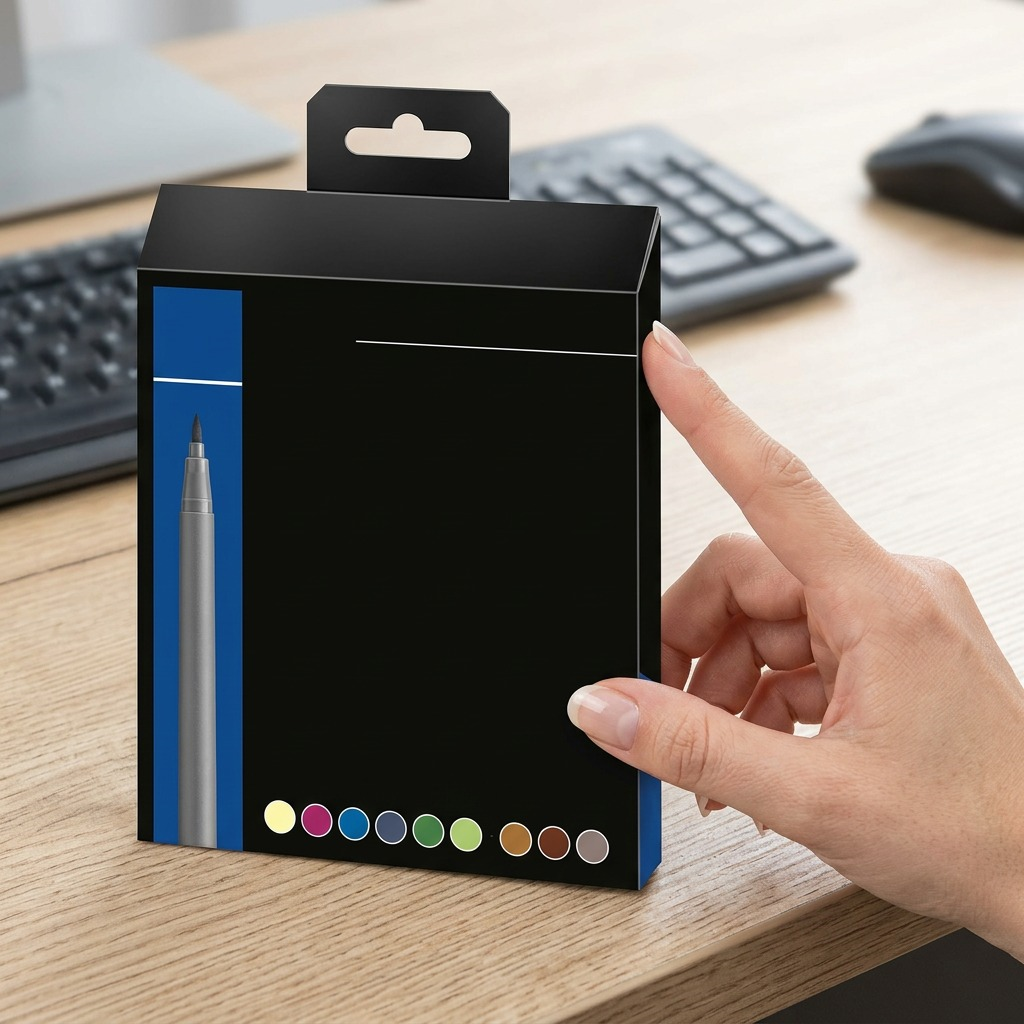 A scale-reference view showing a hand holding the STAEDTLER Pigment arts brush pen set beside a standard keyboard, demonstrating its compact size for desktop storage.