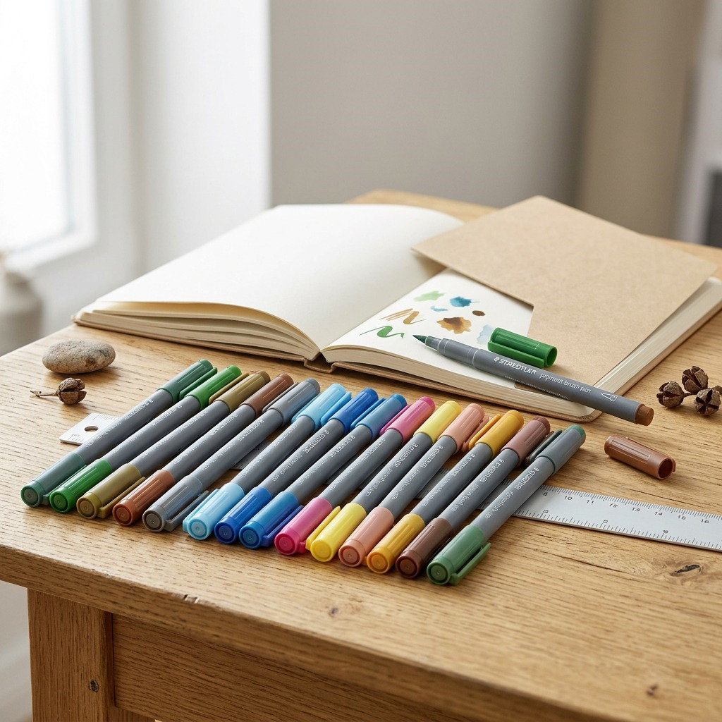 Alt text: Twelve STAEDTLER pigmented brush pens in nature tones arranged on a rustic wooden desk.