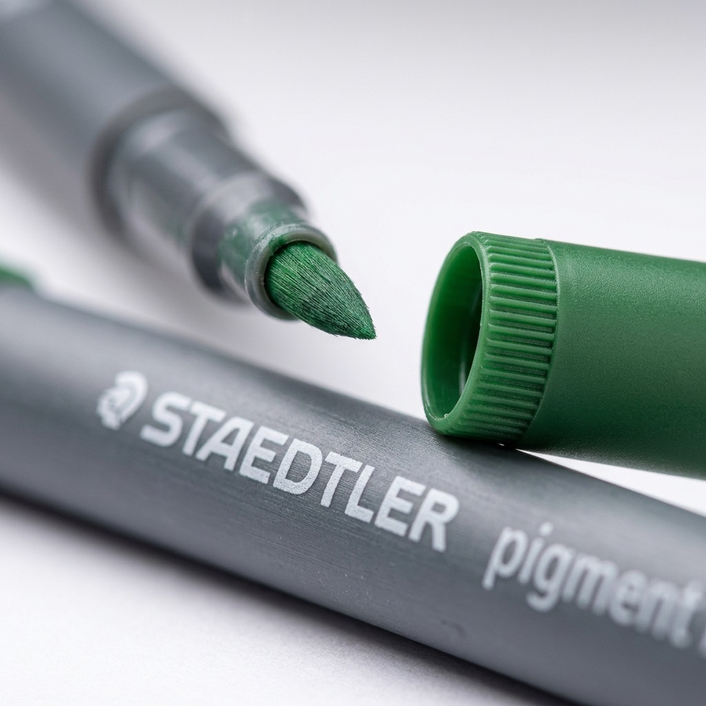 Macro close-up of STAEDTLER Pigment arts brush tip, green cap, barrel branding.
