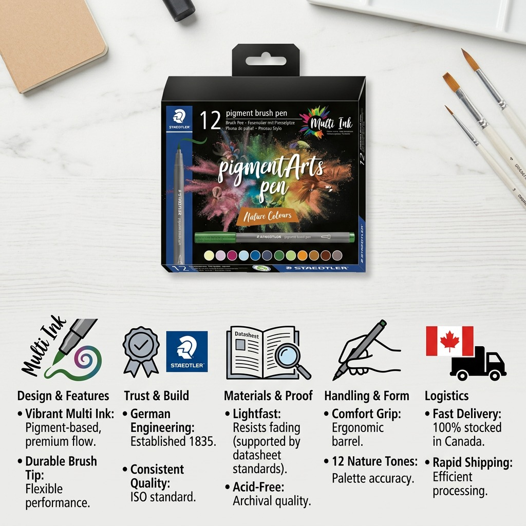 Trust & authority infographic for STAEDTLER Pigment Arts set, showing pen details and Multi Ink.