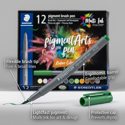Close-up photo of the STAEDTLER Pigment arts brush pen, with feature pointers: flexible fiber tip, Multi Ink.