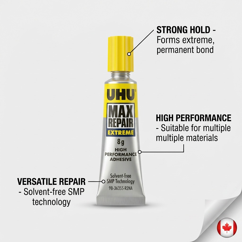 Product infographic for STAEDTLER Uhu Max Repair, detailing features like extreme bond and solvent-free formula.