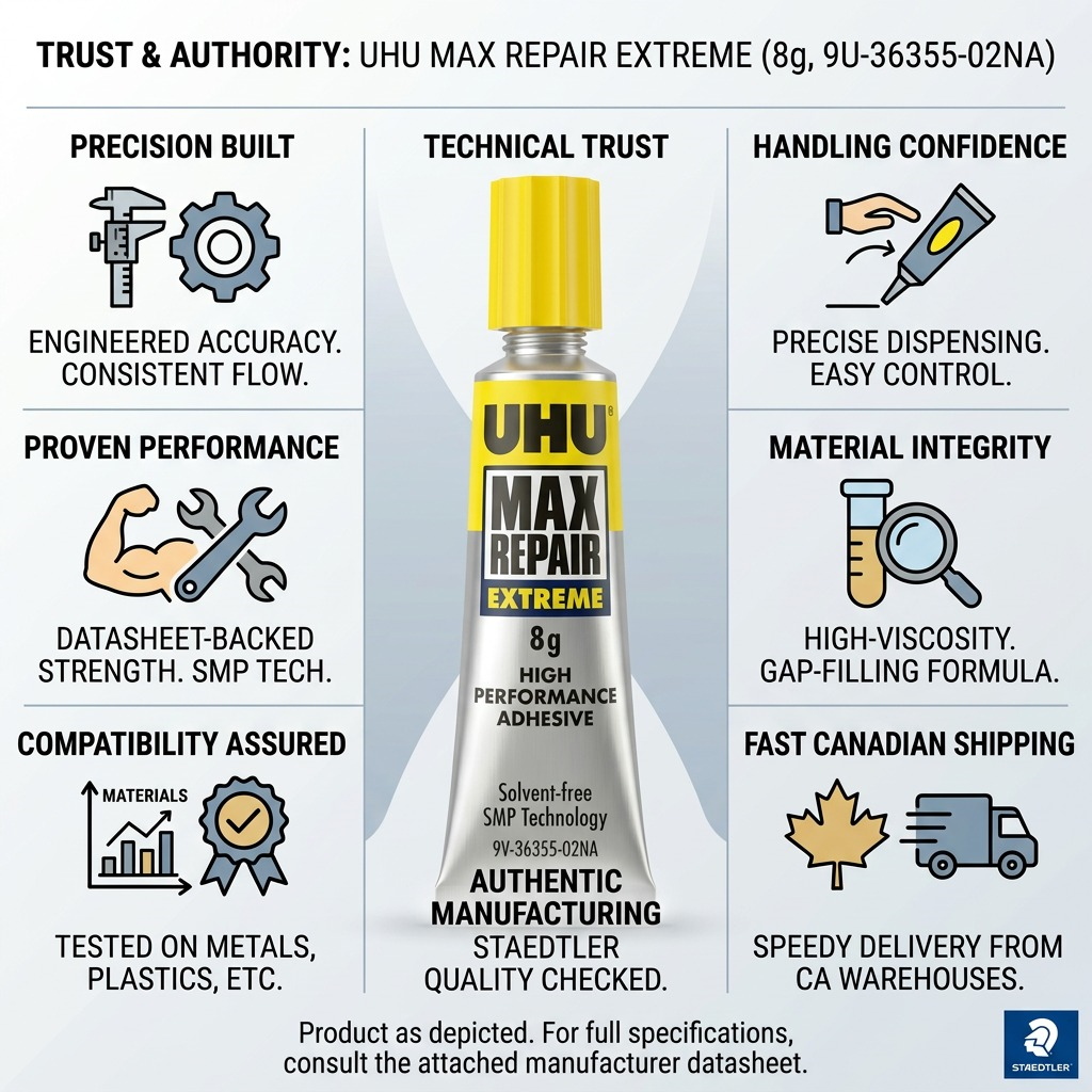 An infographic matrix showing a tube of UHU MAX REPAIR EXTREME surrounded by benefit and trust icons and technical facts.