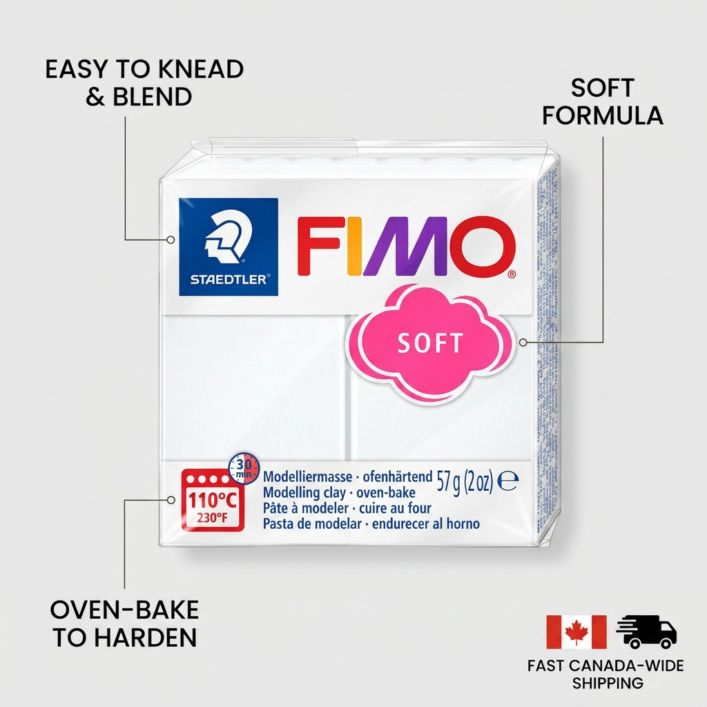 Staedtler Fimo Soft White 57g package with benefit callouts: Soft formula, Easy to knead, Oven-bake harden. Includes Canada shipping logo.