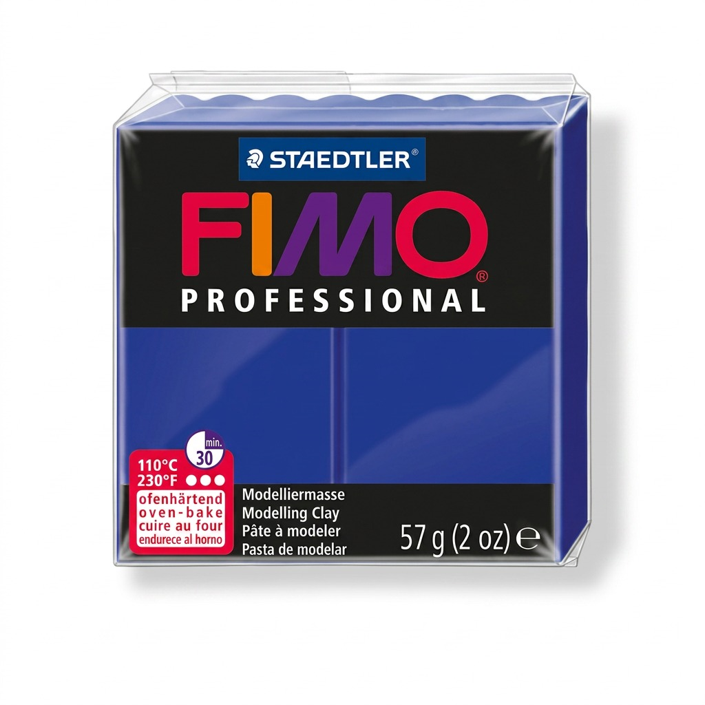 A high-resolution photo of a 57g block of STAEDTLER FIMO Professional Ultramarine modelling clay.
