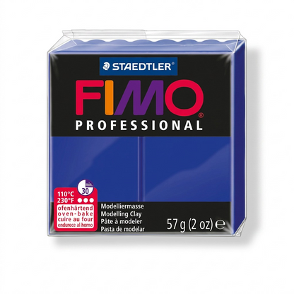 A high-resolution photo of a 57g block of STAEDTLER FIMO Professional Ultramarine modelling clay.