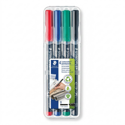 A pristine, high-resolution product shot of the STAEDTLER Lumocolor permanent B 4-pack pen set.