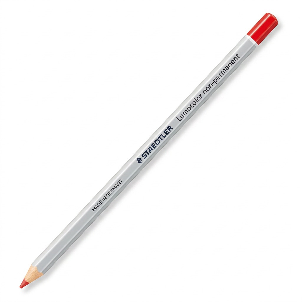 A high-resolution ecommerce hero shot of the white Staedtler Omnichrom 108-2-10 non-permanent red colored pencil, featuring its specific markings, against a pure white background.