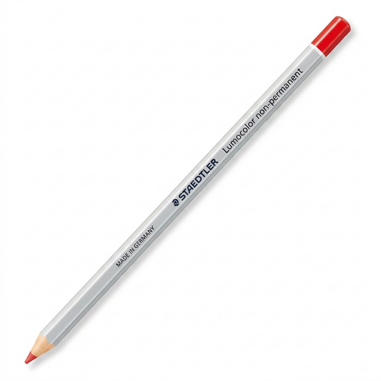 A high-resolution ecommerce hero shot of the white Staedtler Omnichrom 108-2-10 non-permanent red colored pencil, featuring its specific markings, against a pure white background.