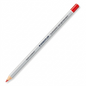 A high-resolution ecommerce hero shot of the white Staedtler Omnichrom 108-2-10 non-permanent red colored pencil, featuring its specific markings, against a pure white background.