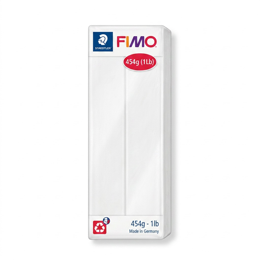 A high-resolution, centered view of the white STAEDTLER Fimo Soft 454g clay block on a pure white background.