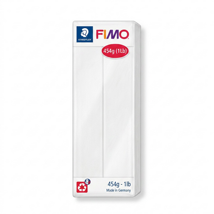 A high-resolution, centered view of the white STAEDTLER Fimo Soft 454g clay block on a pure white background.