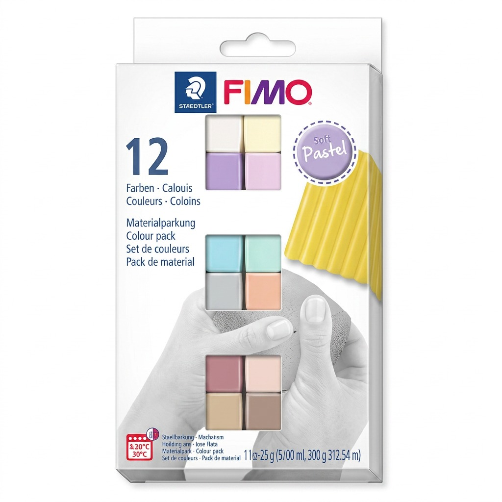 High-resolution hero shot of STAEDTLER Fimo Soft Pastel 12 Color Pack modeling clay on white background.