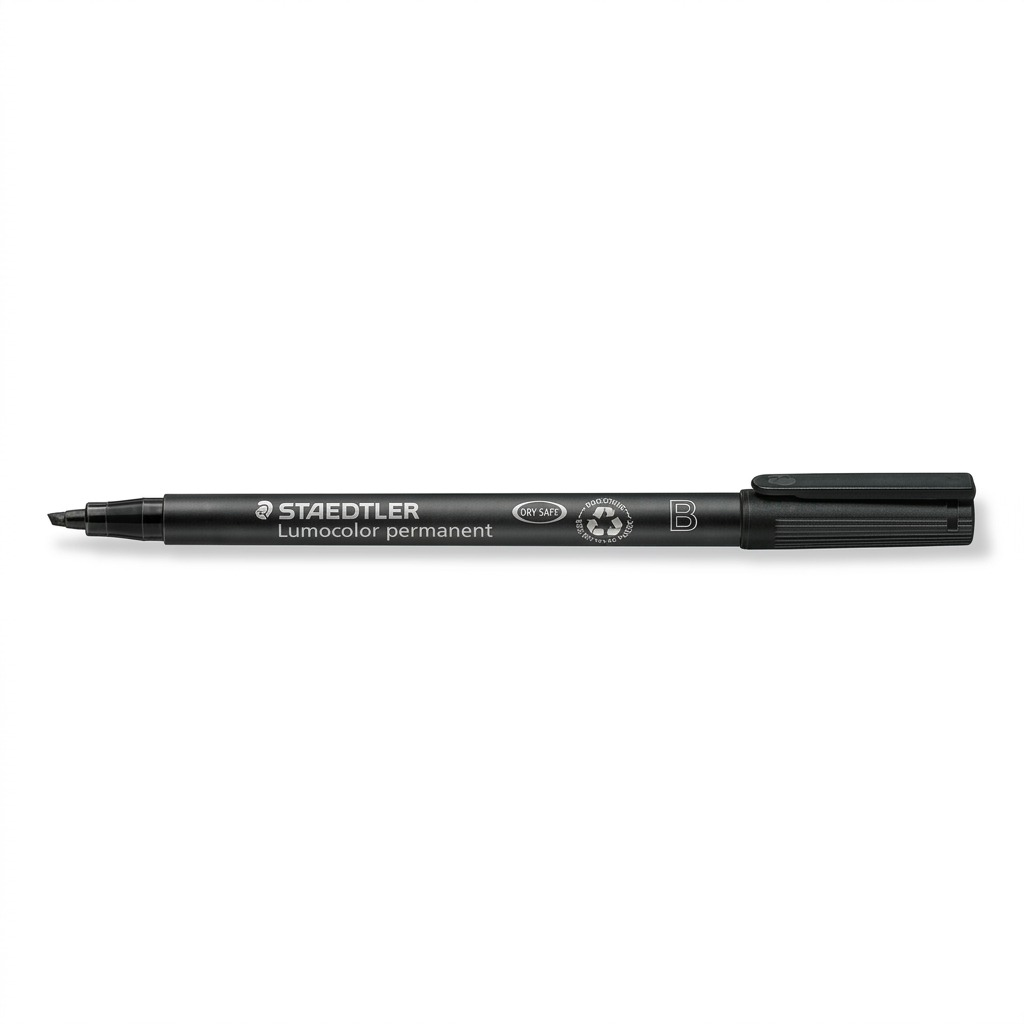 High-resolution hero shot of the STAEDTLER Lumocolor permanent chisel tip black marker.