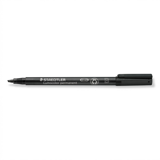 High-resolution hero shot of the STAEDTLER Lumocolor permanent chisel tip black marker.