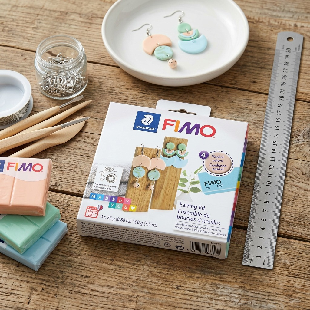 Scale reference: The Staedtler FIMO Earring Kit on a wood workbench beside an upright 30cm steel ruler and paint brushes.