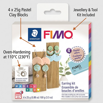 STAEDTLER FIMO Earring Kit operational features highlighted with pointers: 4x25g pastel blocks, oven-hardening, jewellery kit included.