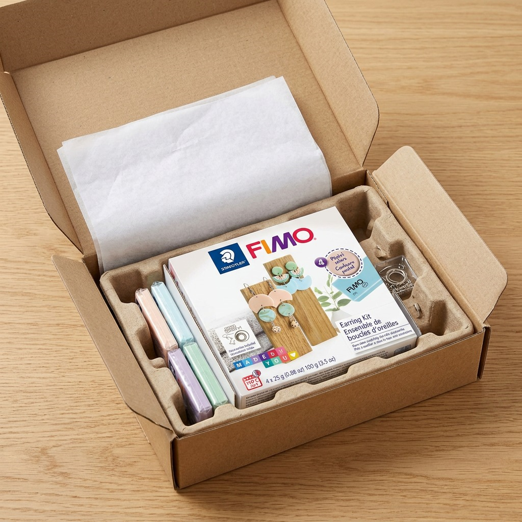 A close-up photograph of the open FIMO Earring Kit, showing the components protected in molded cardboard inserts and tissue paper, conveying secure delivery.
