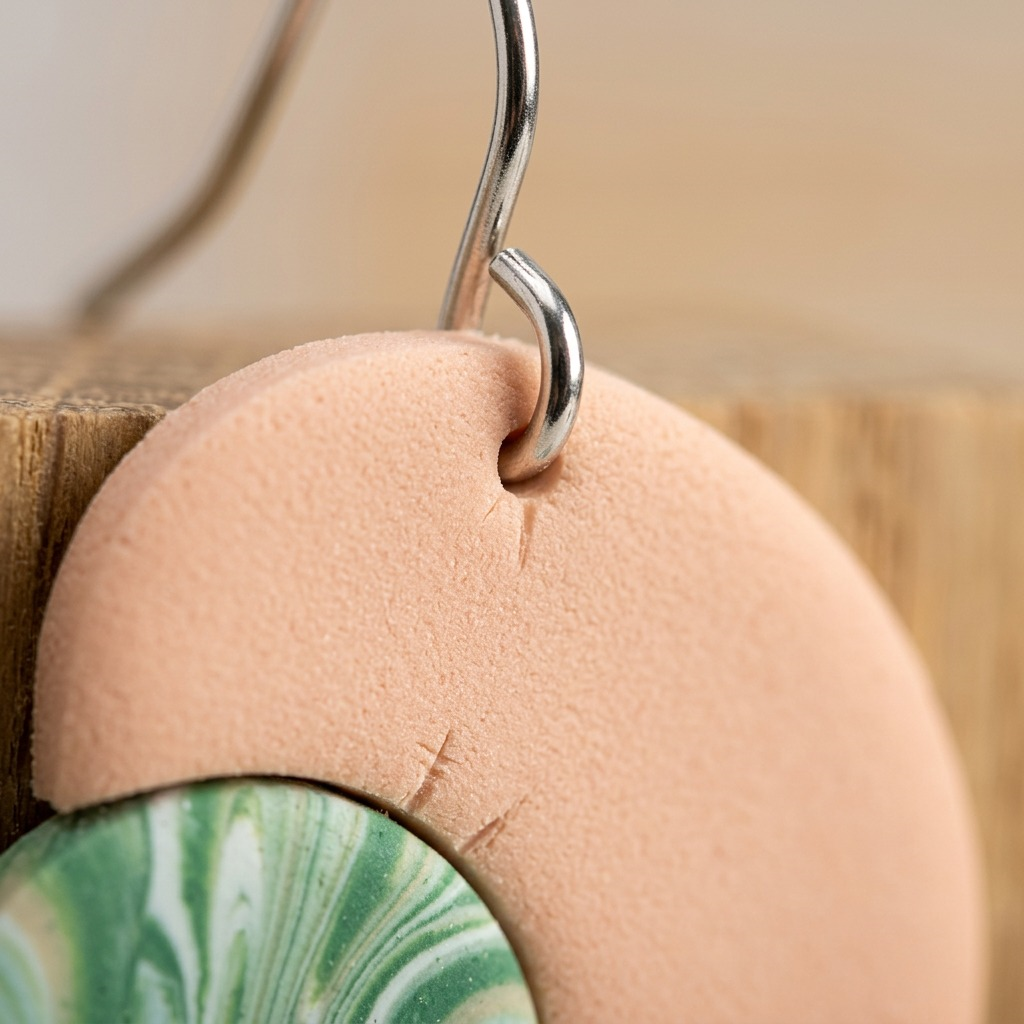 Extreme close-up of a sample earring from the Fimo kit, focusing on the material surface and the attachment of the metal hook.