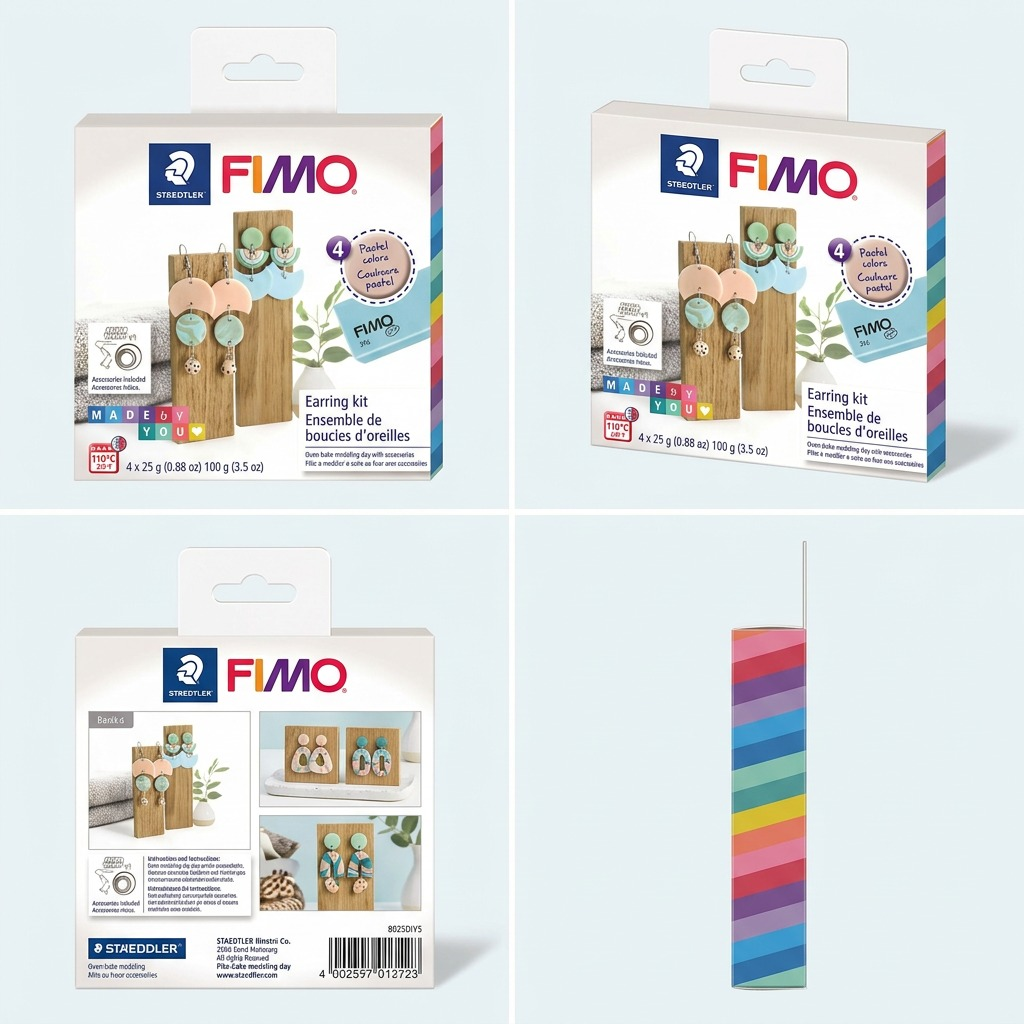 A matrix of three different angles of the FIMO Earring Kit, showing the front, back, and side views in a grid.